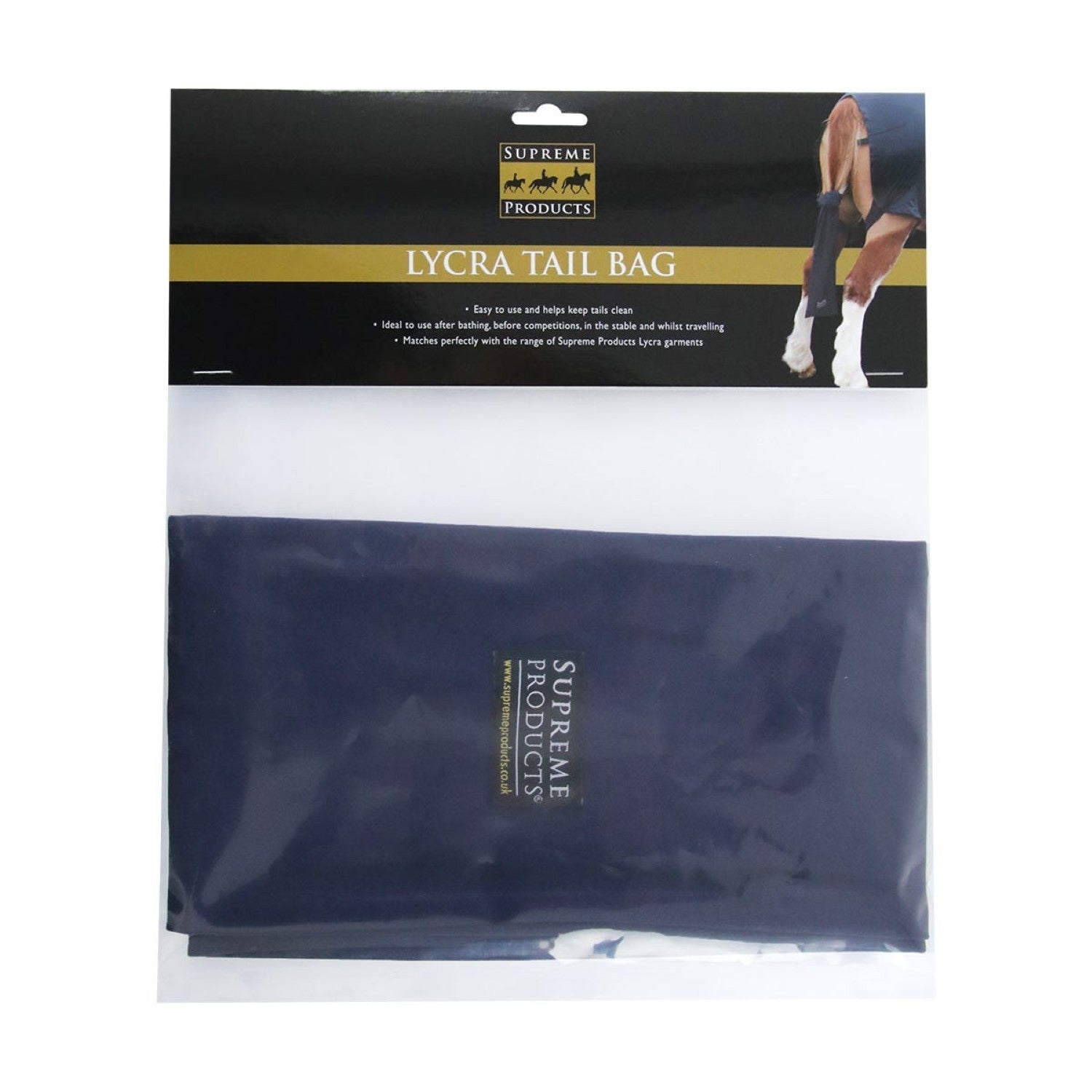 Supreme Products Lycra Tail Bag packaging with a horse image on a white background