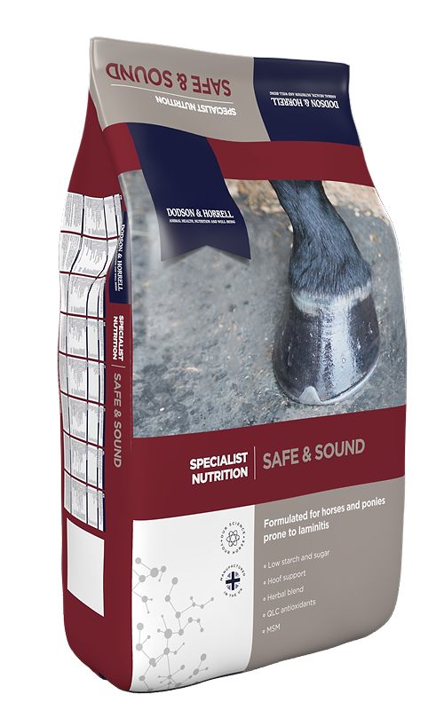 Bag of 'Safe & Sound' horse nutrition product on a white background