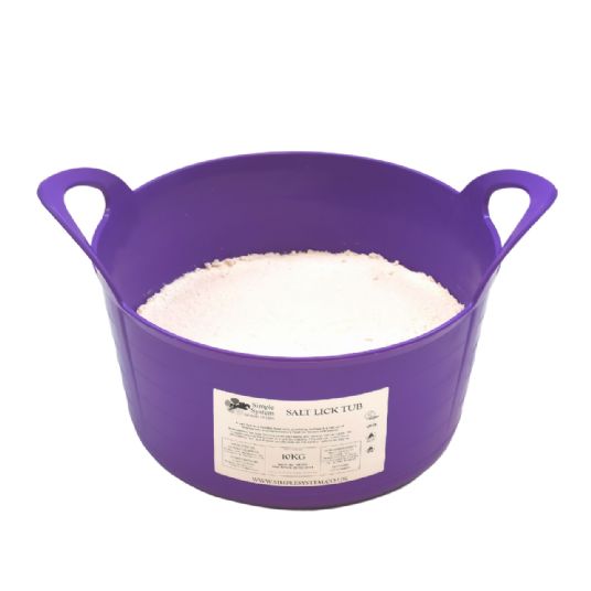 Purple salt lick tub filled with salt on a white background
