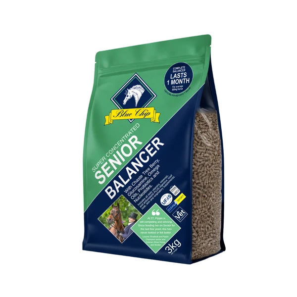 A 3kg stand-up pouch of Blue Chip Senior Balancer horse feed, featuring a green and navy blue design with a clear window showing the brown pelleted feed inside.