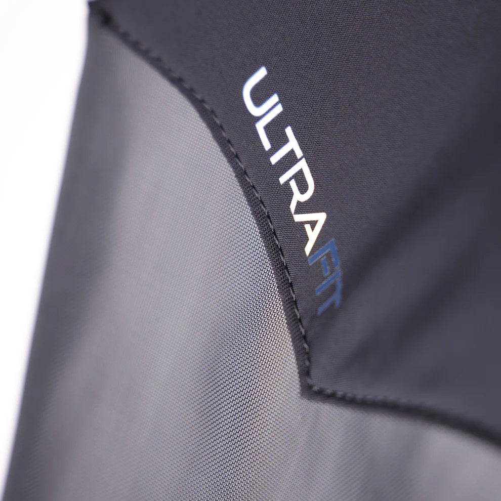 Close-up of a gray fabric with 'Ultra Fit' branding.