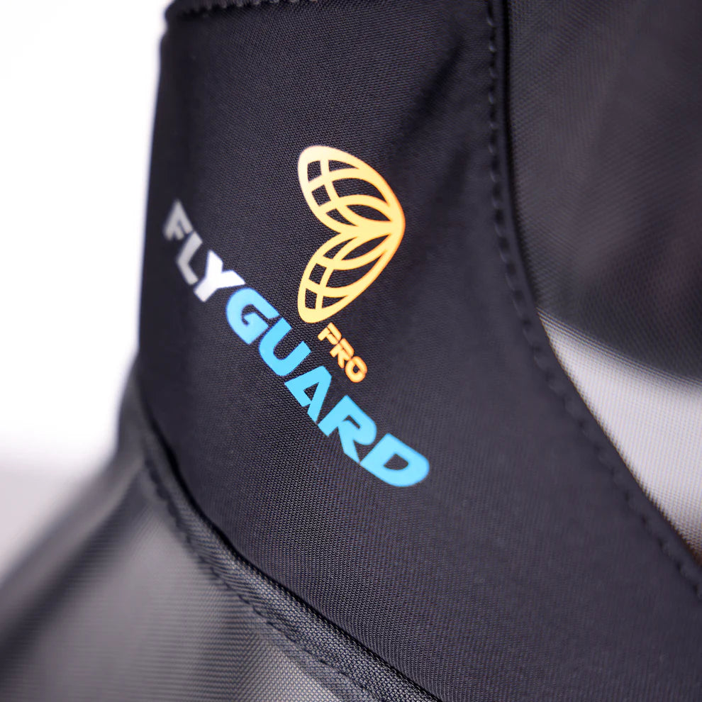 Close-up of a fly mask with 'FlyGuard' logo on a white background