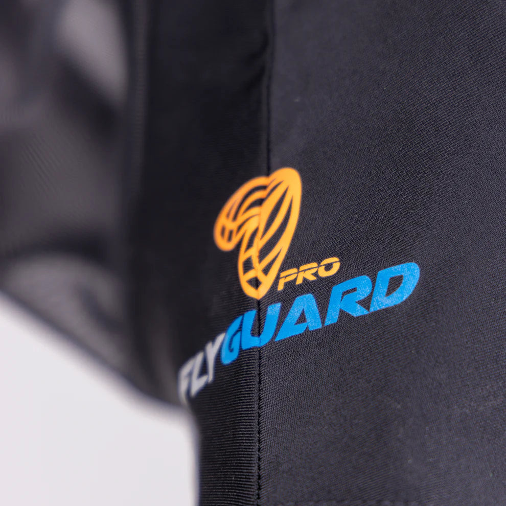 Close-up of a black fly mask with 'ProFlyGuard' logo on a white background