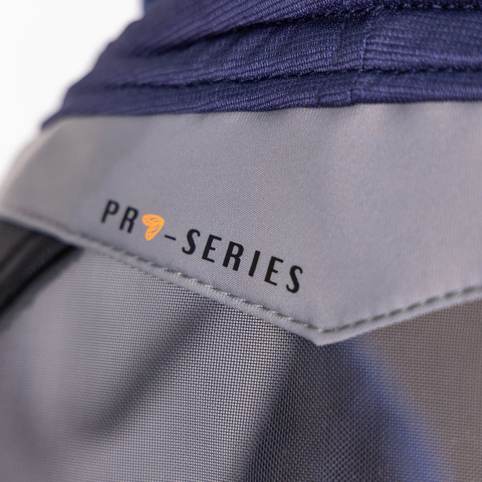 Close-up of a 'Pro-Series' label on a piece of gray fabric.
