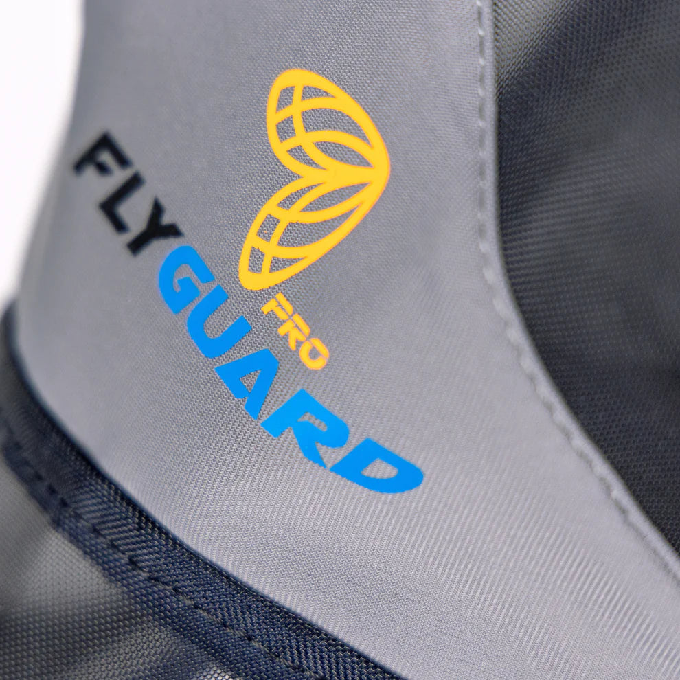 Close-up of a Fly Guard product with branding on a gray background