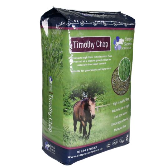 Bag of Timothy Chop horse feed with a horse on the label