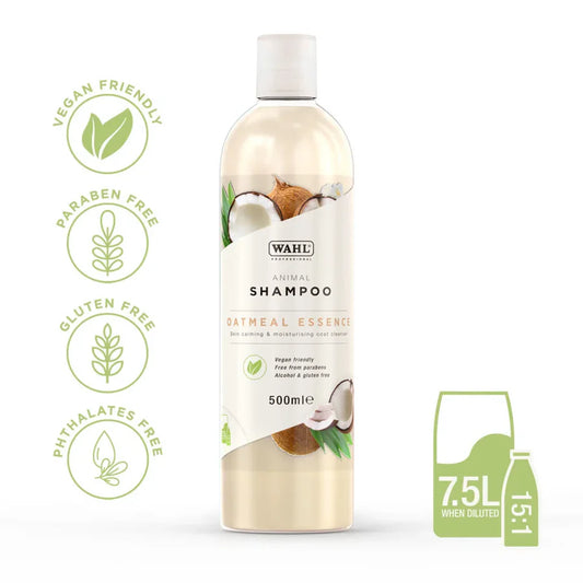 Bottle of Wahl Oatmeal Essence Shampoo for horses – gentle skin and coat wash