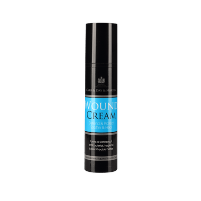 Black  container of wound cream with blue label on a black background