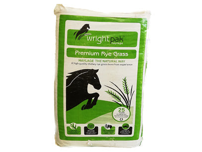 Bag of Wrightpak Premium Rye Grass haylage with a horse illustration on a white background