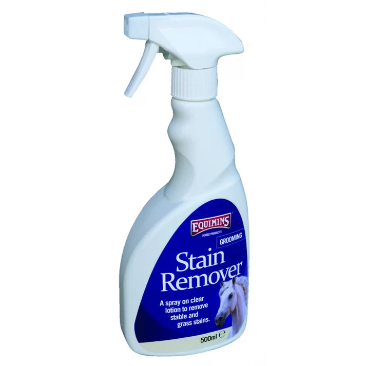 Spray bottle of Equimins Stain Remover on a white background
