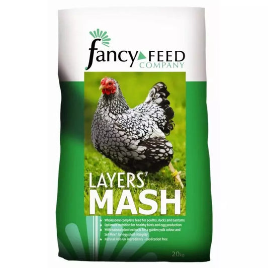 A 20kg bag of Fancy Feed Company Layers Mash poultry feed, featuring a white and green bag with a central image of a black and white speckled hen on a green background.