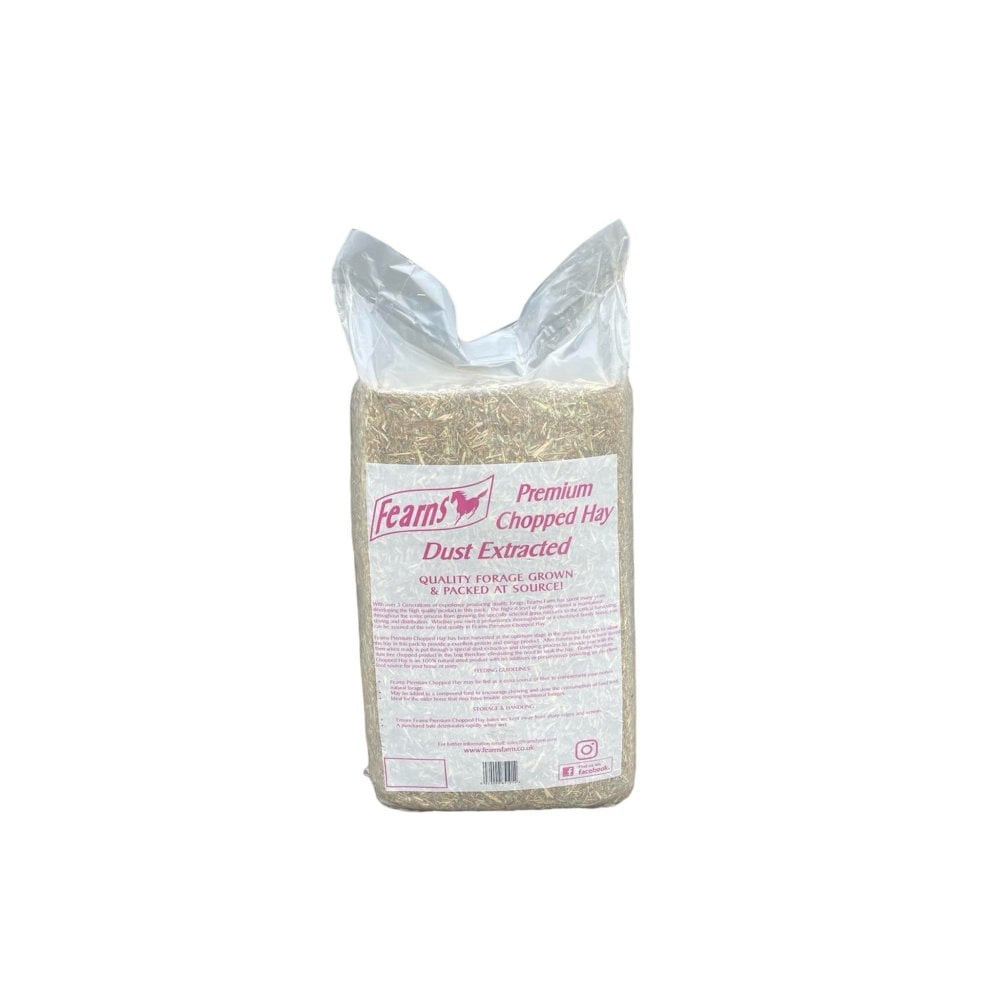 A bag of Fearns Premium Chopped Hay, dust extracted, shown on a plain white background.