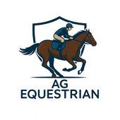 Logo of AG Equestrian with a rider on a horse and a shield in the background.