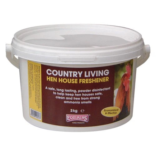 A 2kg white plastic tub of Equimins Country Living Hen House Freshener, featuring a brown and yellow label with a hen illustration.