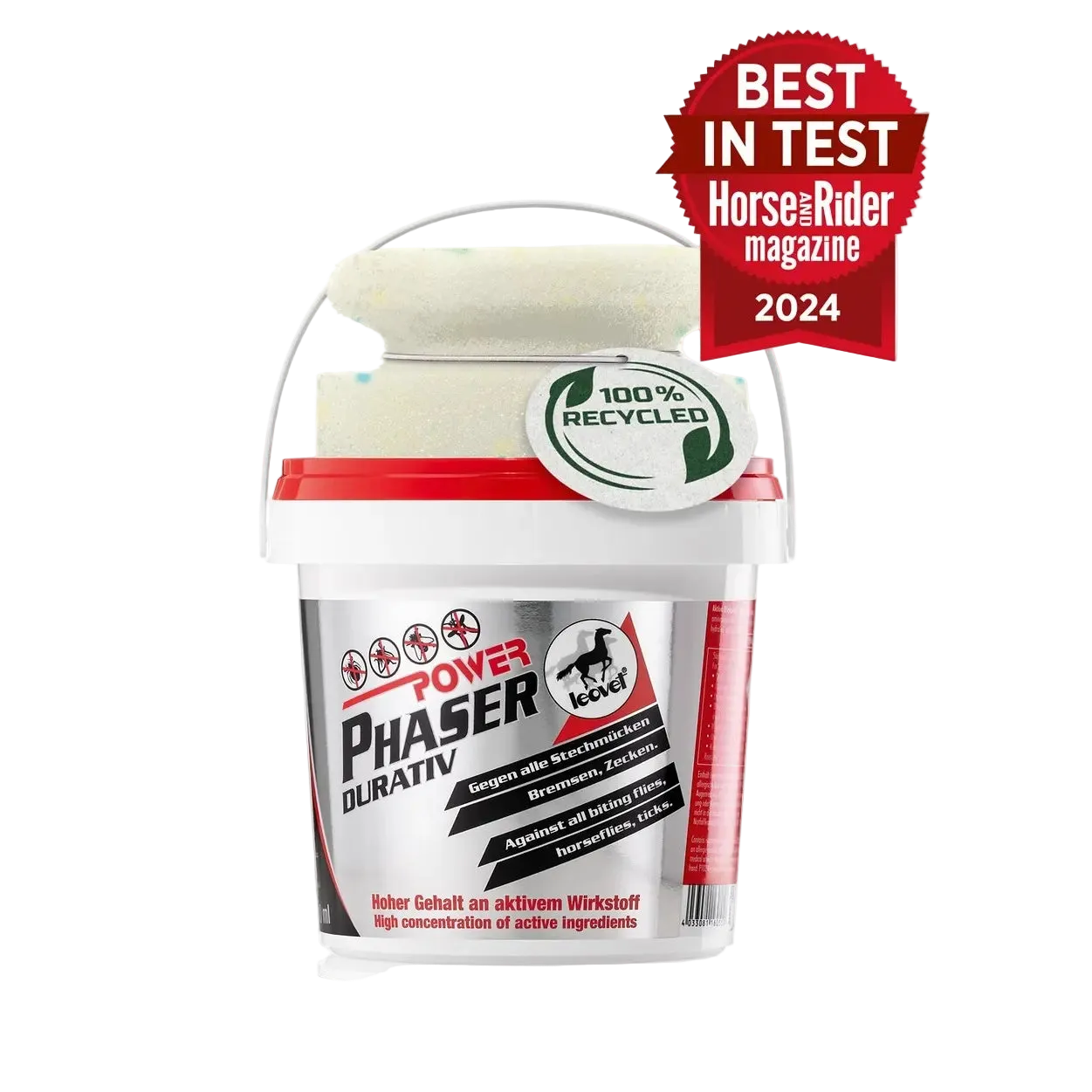 A tub of Power Phaser Durativ horse grooming product with a sponge on top, a '100% Recycled' sticker, and a red 'Best in Test HorseRider magazine 2024' badge on a white background.