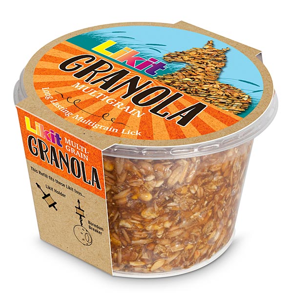 A clear plastic tub of Likit Granola Multigrain lick, showing the brown granola inside, with a paper label and lid featuring orange, blue, and yellow graphics.