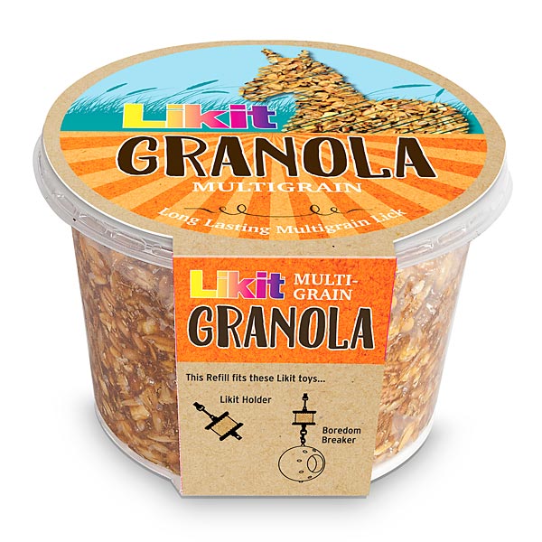 A clear plastic tub of Likit Granola Multigrain pet lick toy refill with a cardboard and printed paper label, shown on a white background.