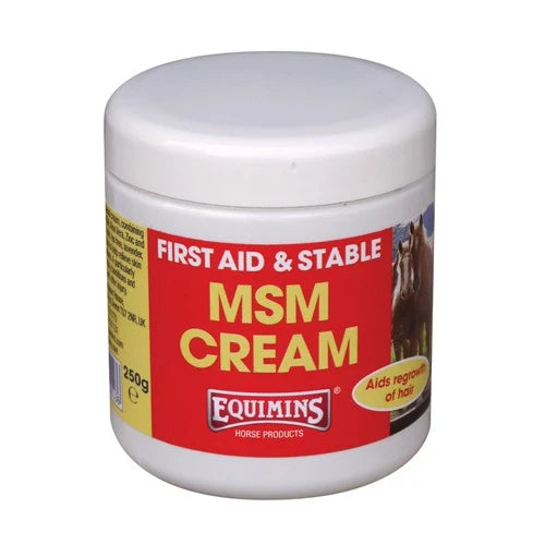 A white plastic jar of Equimins First Aid & Stable MSM Cream for horses, featuring a red and yellow label with product details.
