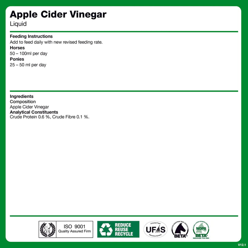 Label for Apple Cider Vinegar liquid with feeding instructions and product details on a green border.