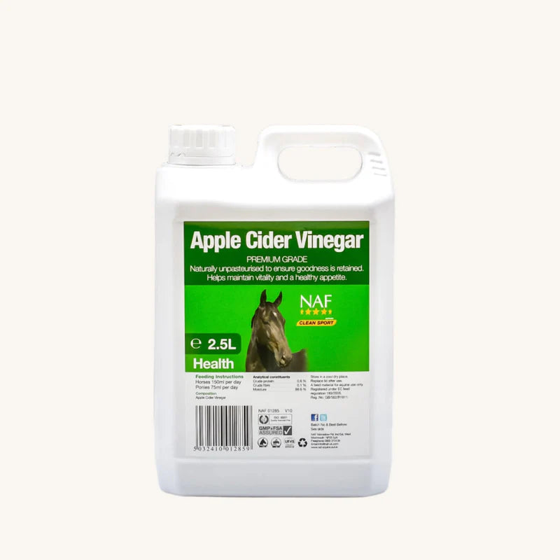 NAF Apple Cider Vinegar container for horses on a white background
