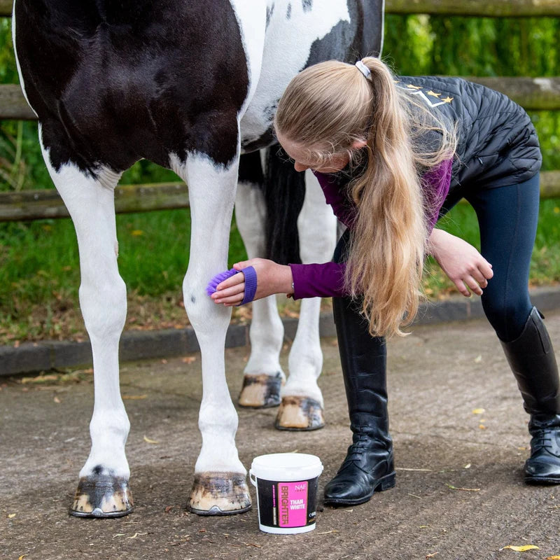 Horse having NAF Brighter Than White powder Applied