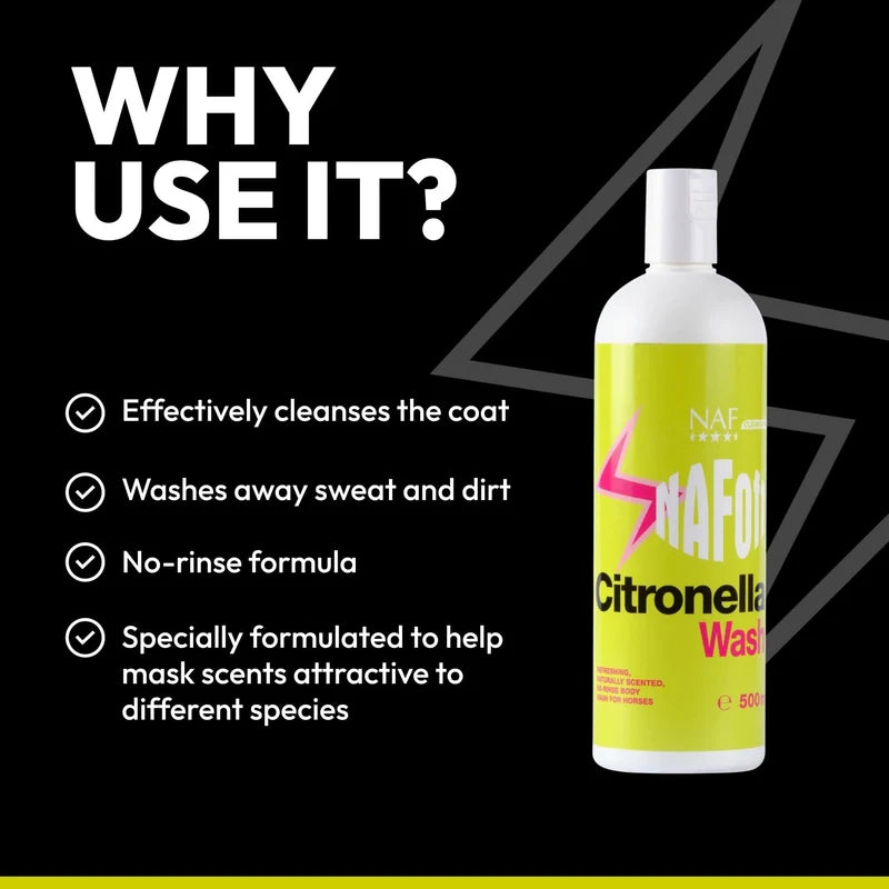 A bottle of NAF Sport Citronella Wash shown on a black promotional graphic with the headline 'WHY USE IT?' and bullet points about cleansing, sweat and dirt removal, no-rinse formula, and scent appeal for different species.