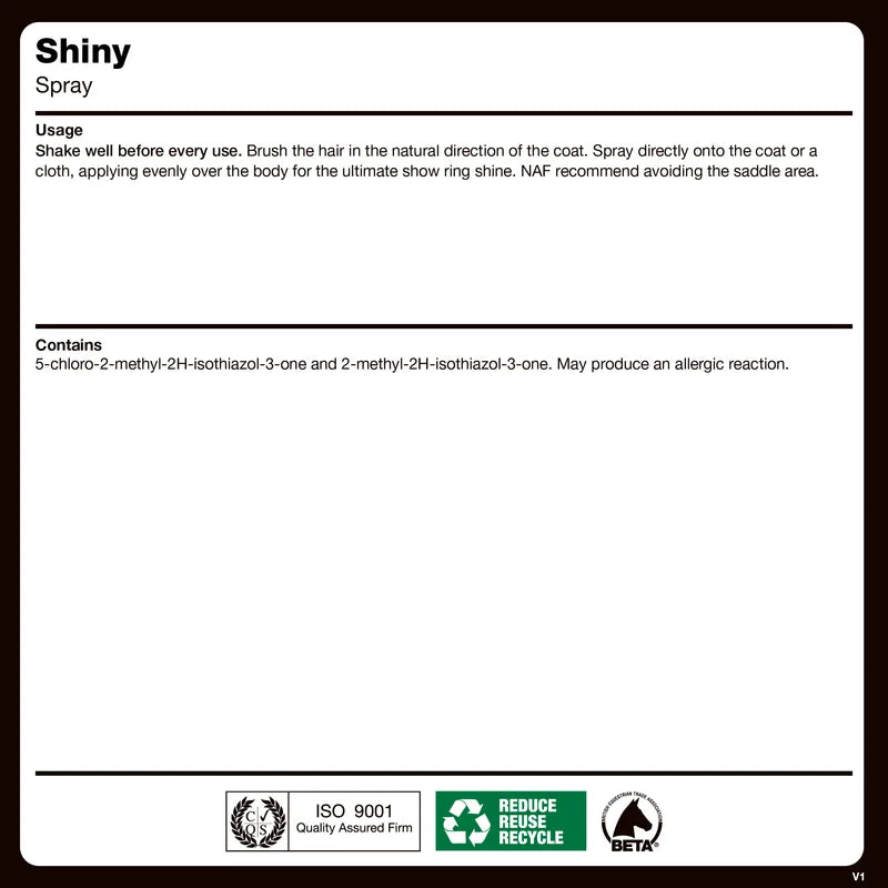A product information card for 'Shiny Spray' detailing usage instructions and contents, featuring a white background with black text and a dark brown border. The card includes certification logos at the bottom for ISO 9001, Reduce Waste Recycle, and NATF.