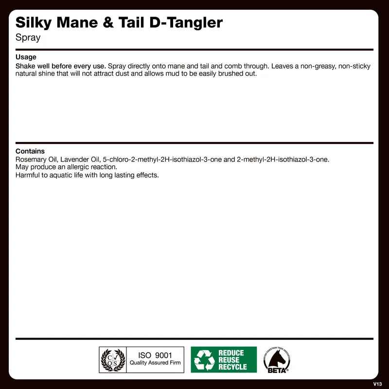 A product information card for 'Silky Mane & Tail D-Tangler Spray' detailing usage instructions and ingredients, featuring a white background with black text and green certification logos at the bottom.