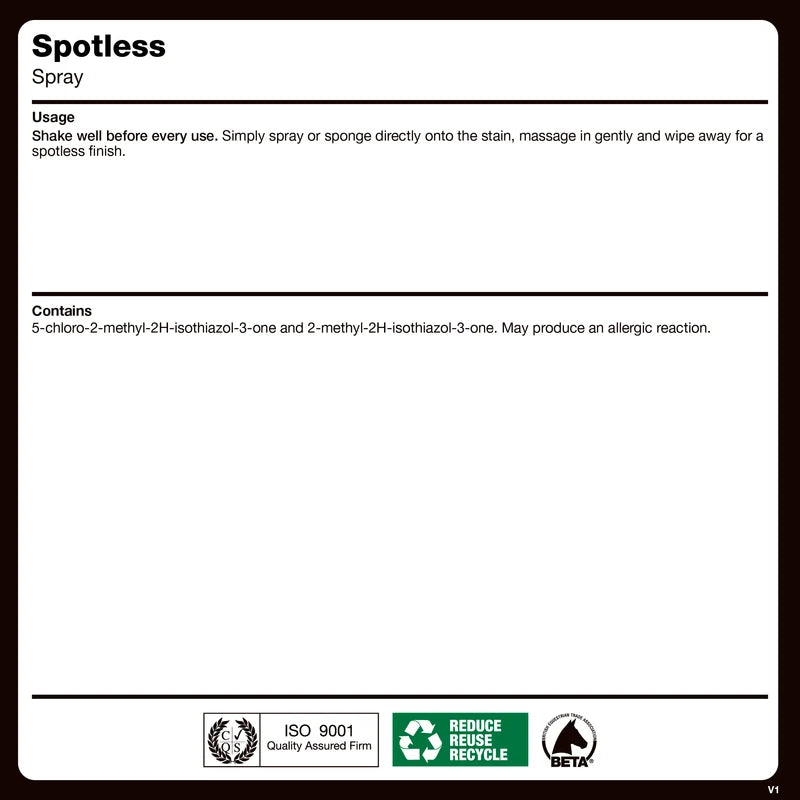 A square informational card for Spotless Spray, showing usage instructions and contents on a white background with a dark border. The card includes ISO 9001 Quality Assured Firm certification and a Reduce Waste Recycle logo.