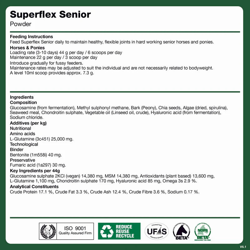 Superflex Senior Powder label with feeding instructions and ingredient list on a white background.