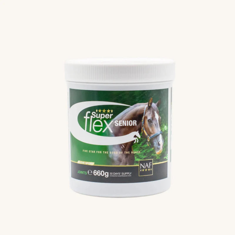 Super Flex Senior horse supplement container on a white background