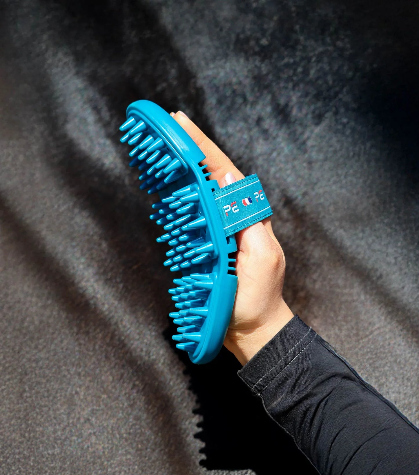 Hand holding a blue grooming brush and brushing a horse